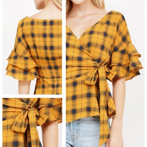 Mustard Plaid Check Ruffle Sleeves Wrap Tie Blouse - Picture 5 of 10
